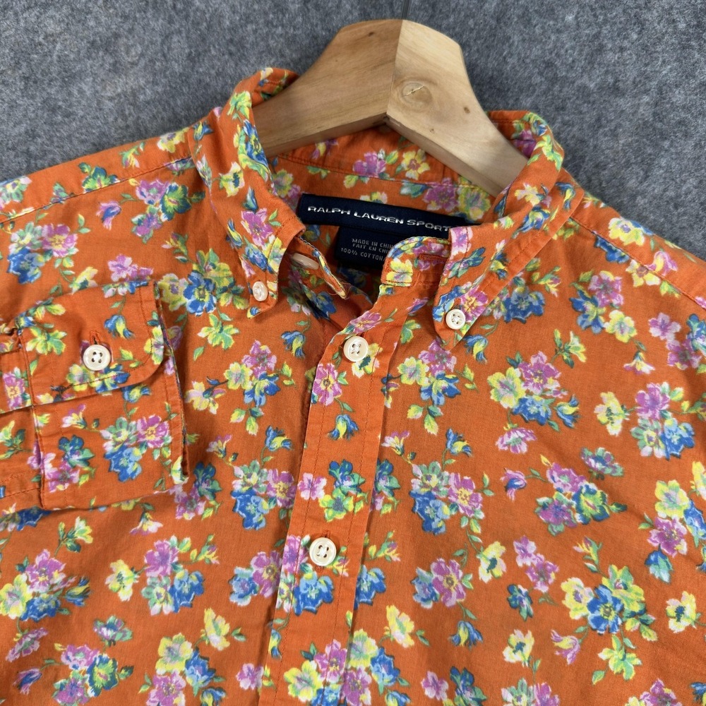 Ralph Lauren Sport Shirt Womens 4 Orange Floral Cotton Button Front Long Sleeve